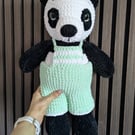 Hand-Crocheted Panda Bear in Sage Green Overalls – Soft Plush Amigurumi