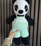 Hand-Crocheted Panda Bear in Sage Green Overalls – Soft Plush Amigurumi