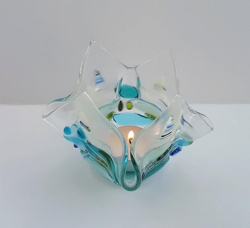 Sea coastal tealight holder, handcrafted glass art hankercheif candle holder, gi