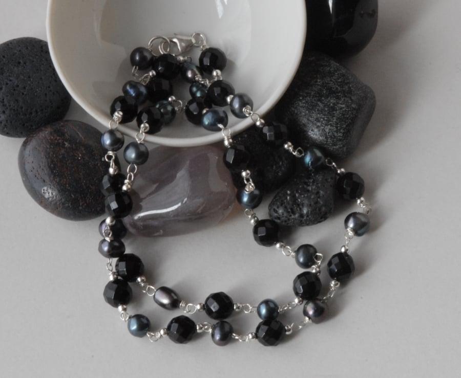 Grey Pearl and Black Onyx Silver Necklace
