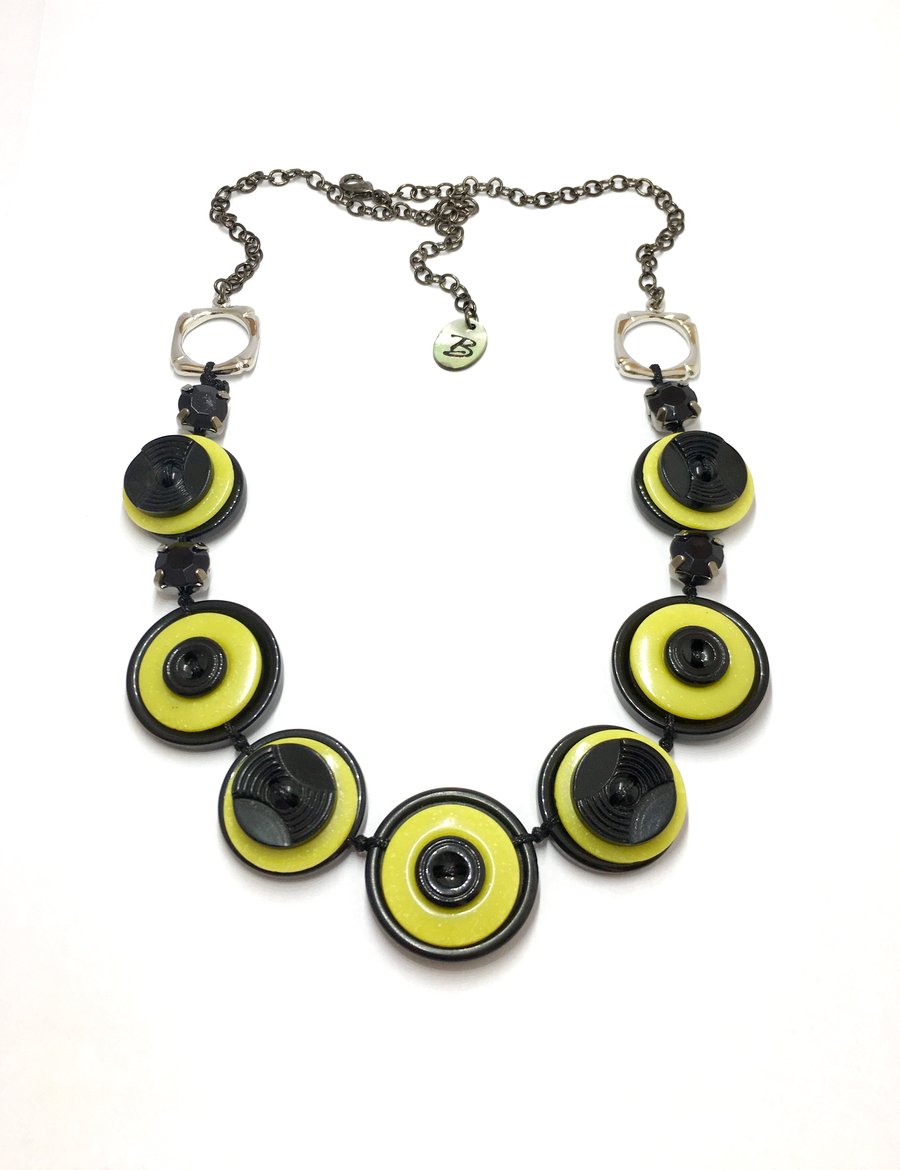 SALE - Bright and bold, black & lemon vintage button necklace 