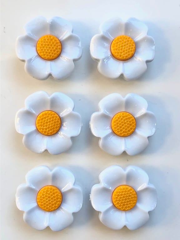 6 Flower Buttons, White Petals Gold Centre, 21mm Wide, Glossy, Buy 1 Get 1 Free