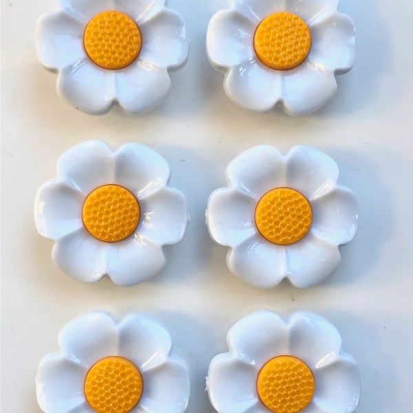 6 Flower Buttons, White Petals Gold Centre, 21mm Wide, Glossy, Buy 1 Get 1 Free