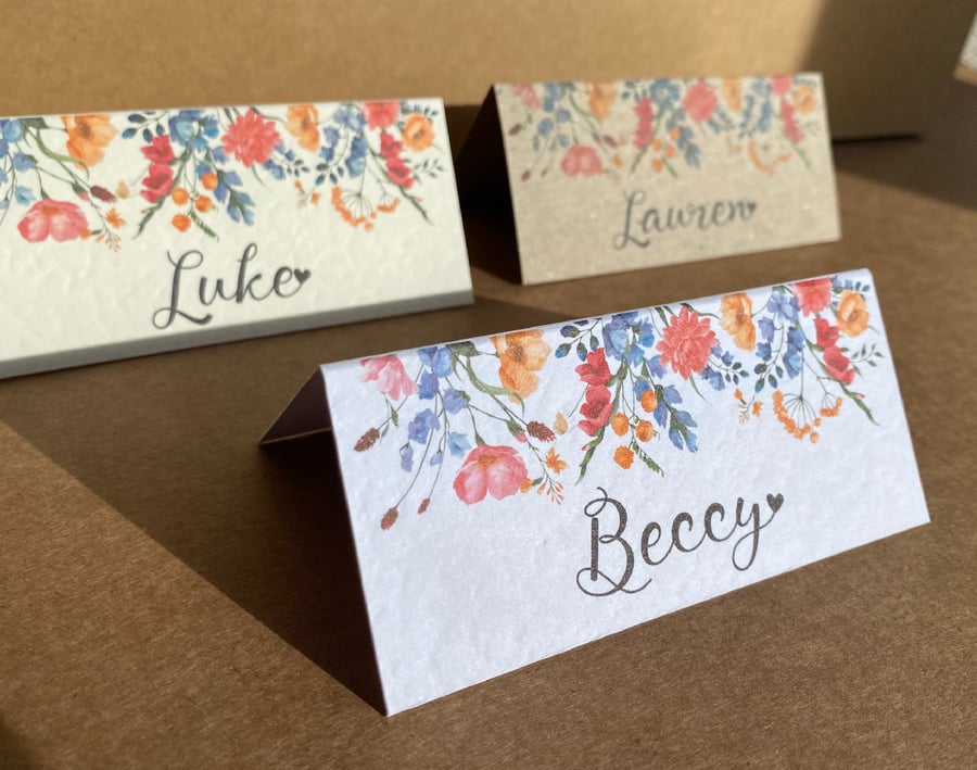 6x name place CARDS rustic wildflowers field flowers table foliage wedding decor
