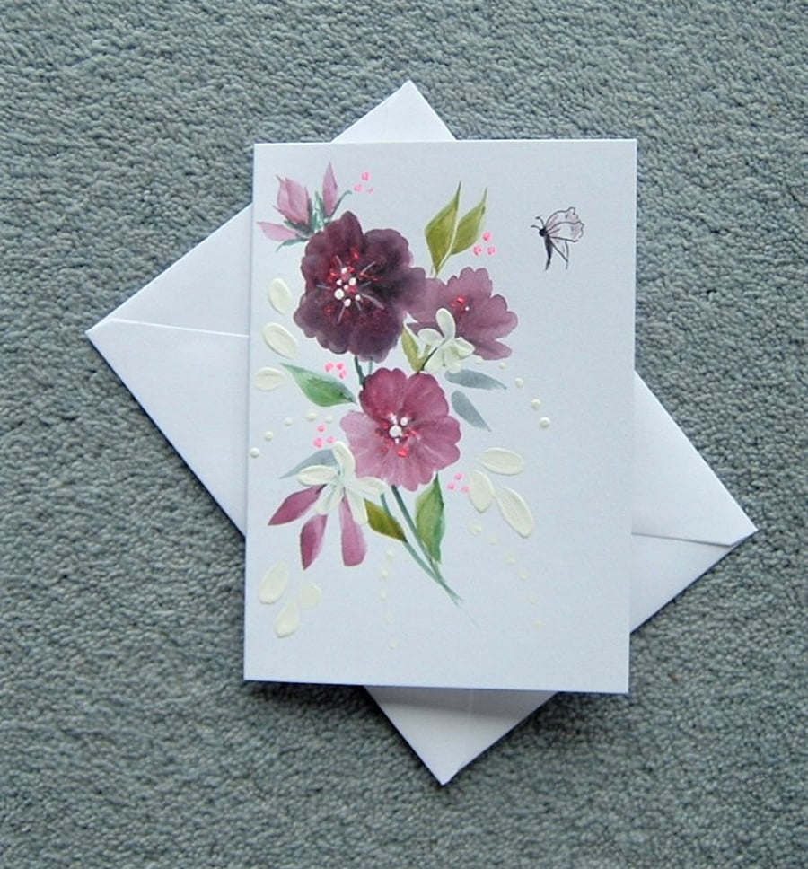 watercolour floral butterfly hand painted blank greetings card ( ref F 160 )