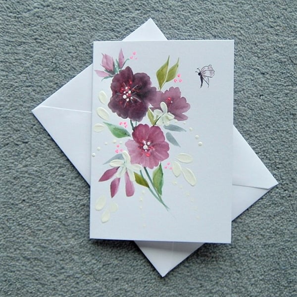 watercolour floral butterfly hand painted blank greetings card ( ref F 160 )