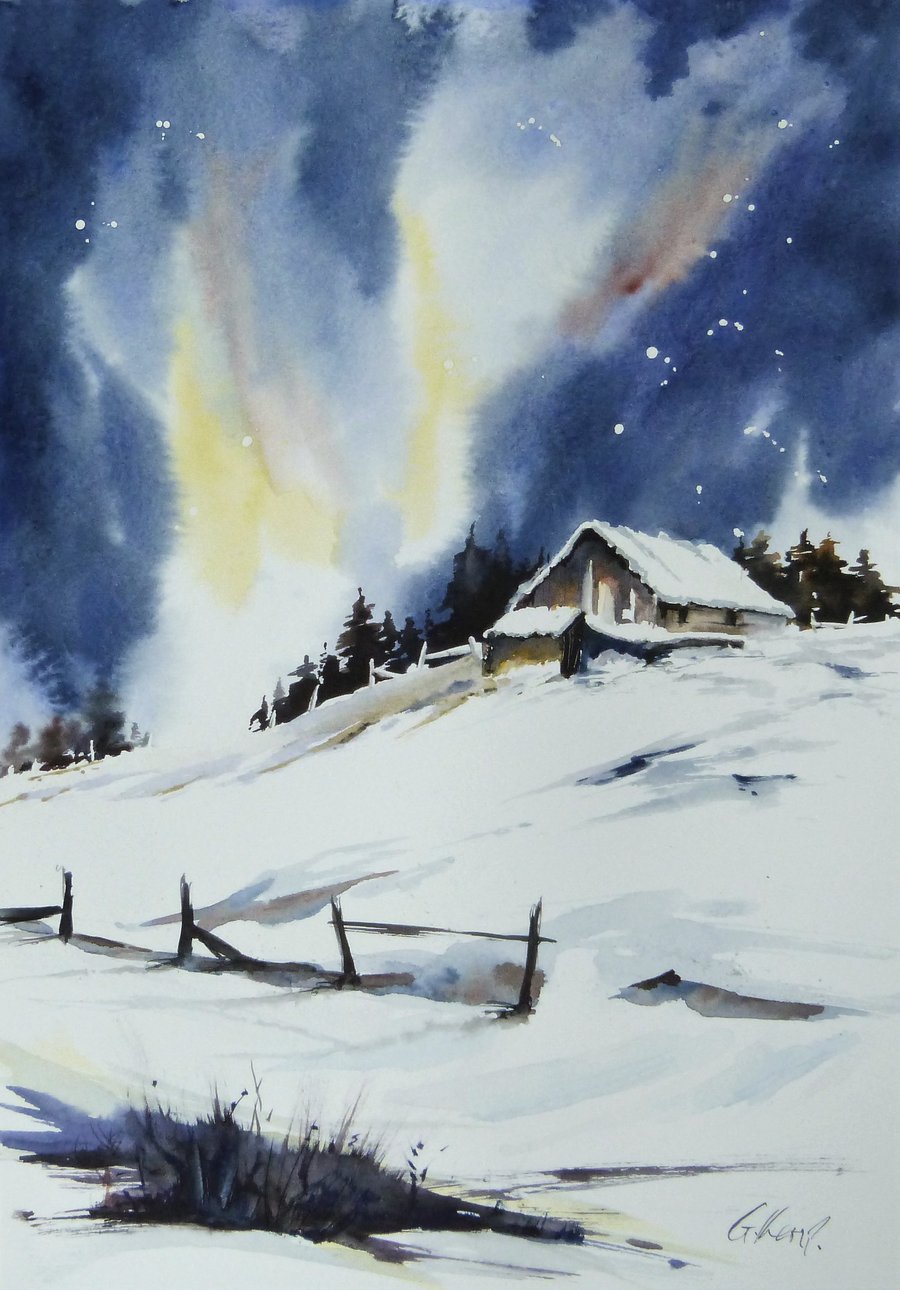 Barn in Snow, Original Watercolour Painting.