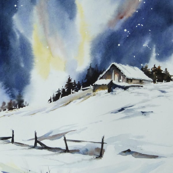 Barn in Snow, Original Watercolour Painting.