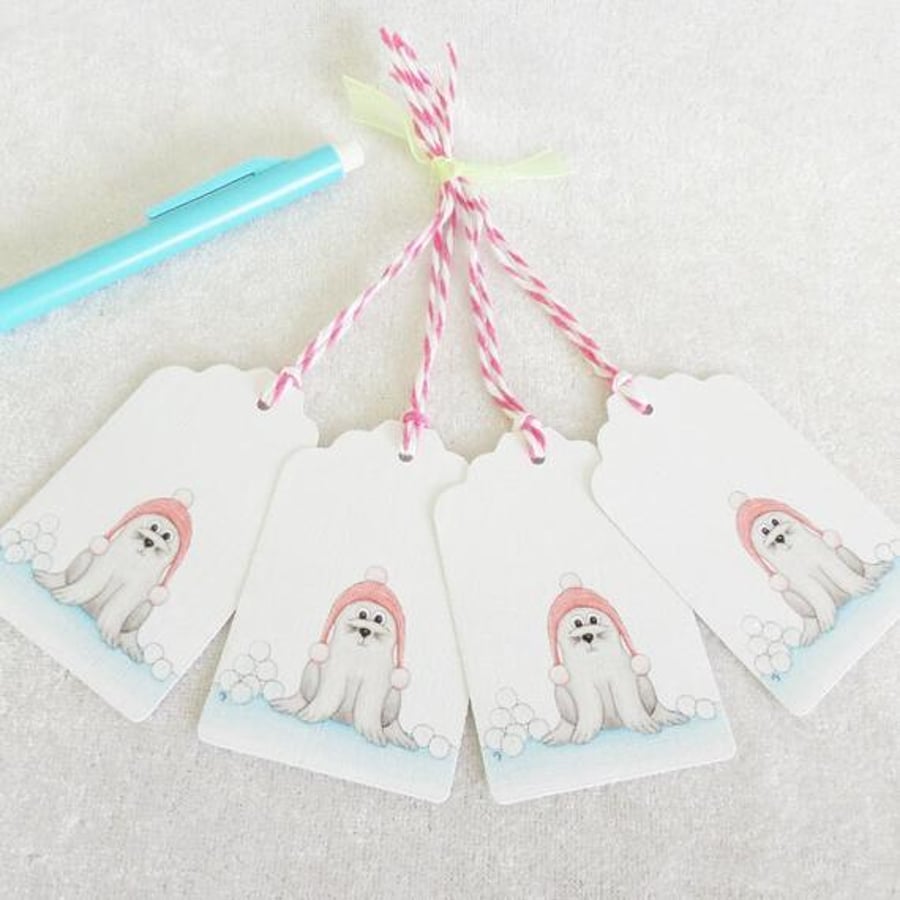 Winter Seal Christmas Gift Tags - set of 4 gift tags