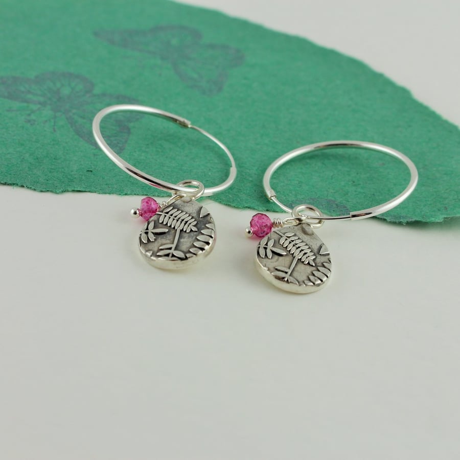 Silver Fern leaf print hoop earrings 