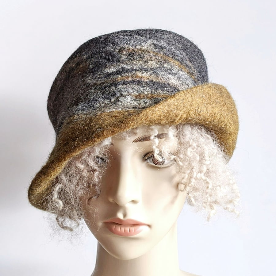 Tweedy grey and ginger felted wool hat