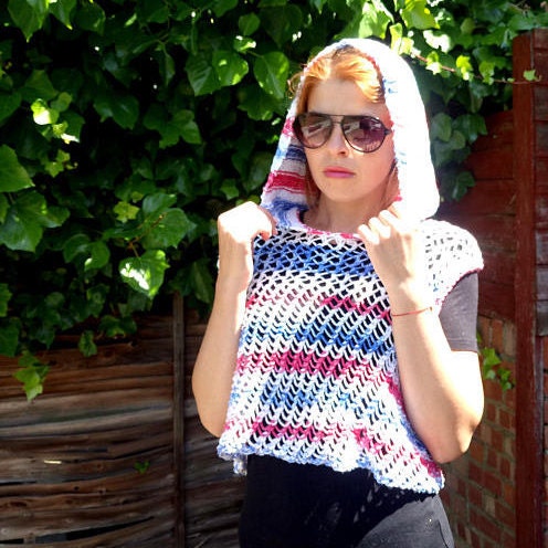 White,red and blue hooded summer topCrochet top crochet shirt beech wear