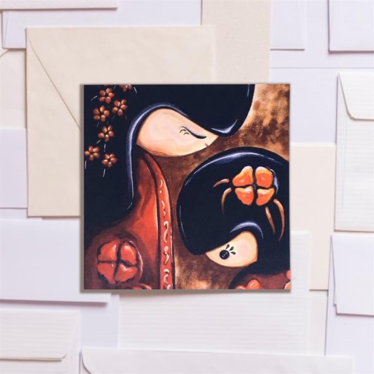 Kokeshi Doll inspired 'Mother and Child' Art Print Greetings Card