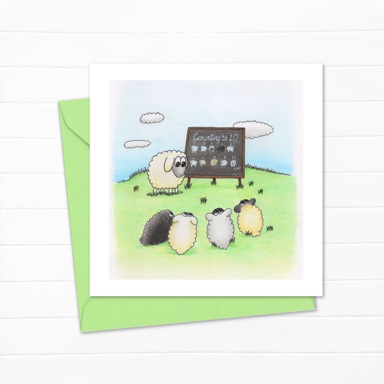 Counting Sheep Greetings Card: Cute Lambs Maths Lesson Illustration (216)