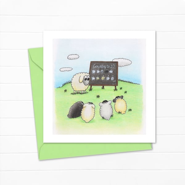 Counting Sheep Greetings Card: Cute Lambs Maths Lesson Illustration (216)
