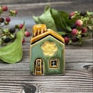 Ceramic Mini House with Chimney - Green with Yellow Flowers