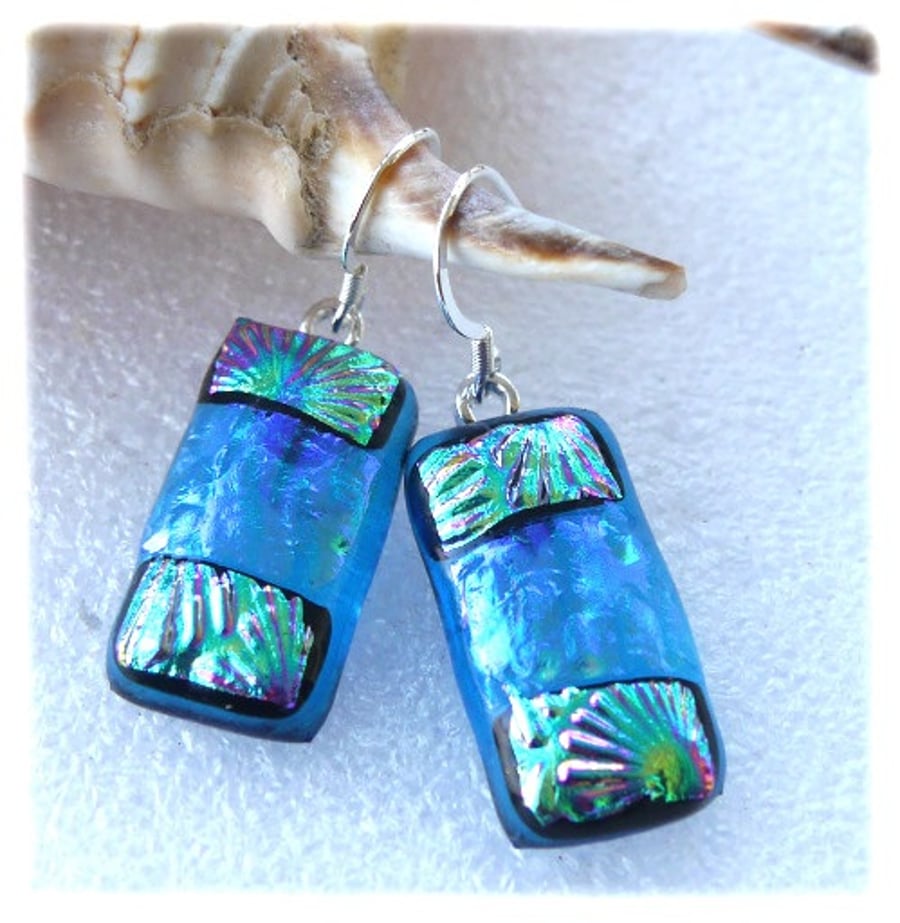 Handmade Fused Dichroic Glass Earrings T023 Teal Florentine
