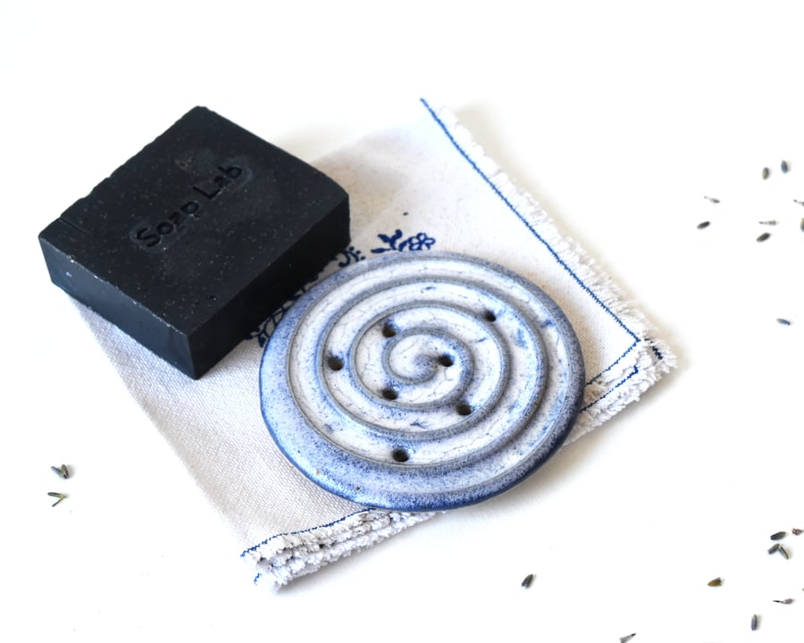 Blue ceramic soapdish handmade of speckled clay with optional luxury soap