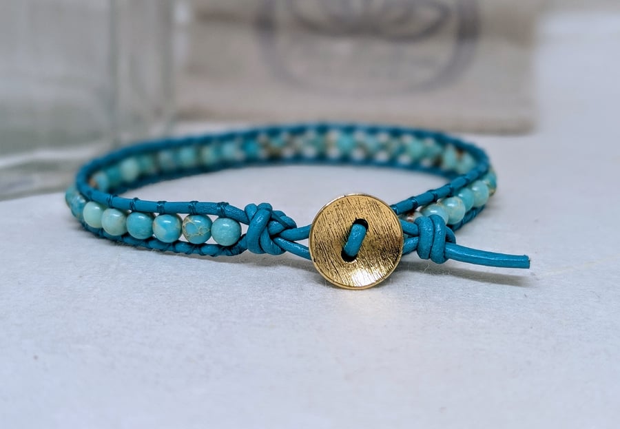 Turquoise sea sediment jasper and leather bracelet 