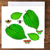 Greeting Card, Elm Leaves, Butterflies, Bee Scene 