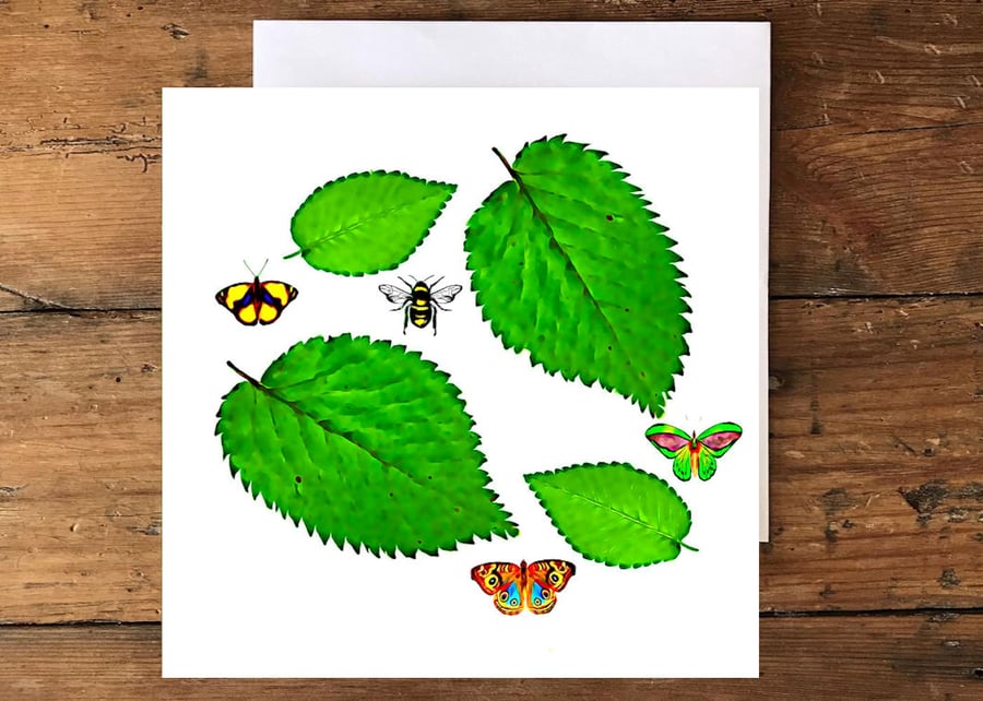 Birthday, Greeting Card, Elm Leaves, Butterflies, Bee Scene 