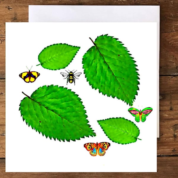 Birthday, Greeting Card, Elm Leaves, Butterflies, Bee Scene 