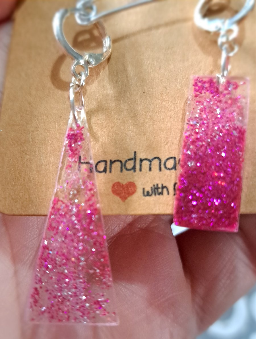 Funky pink and purple resin glitter different shaped earrings