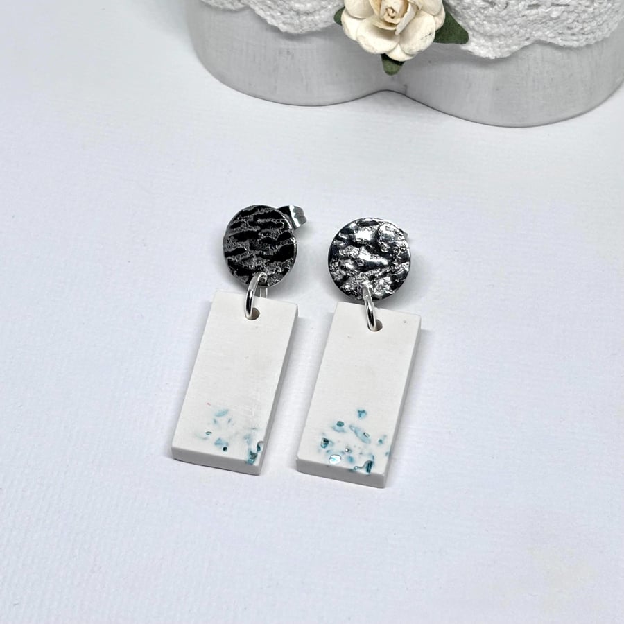 Rectangle Jesmonite Earrings with Green Glass Accents