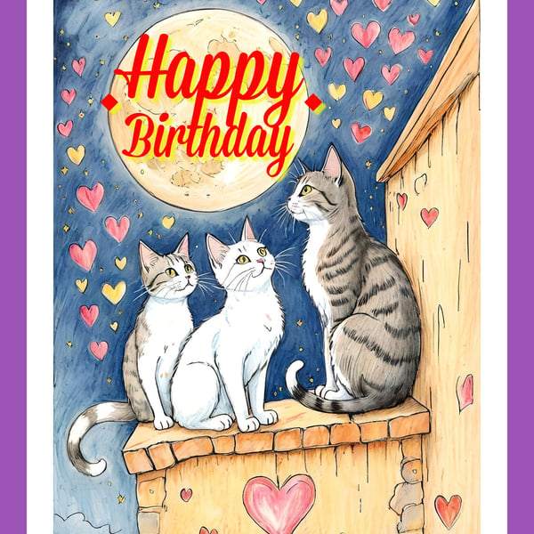 Happy Birthday Cat & Kittens Moon Hearts Card A5 