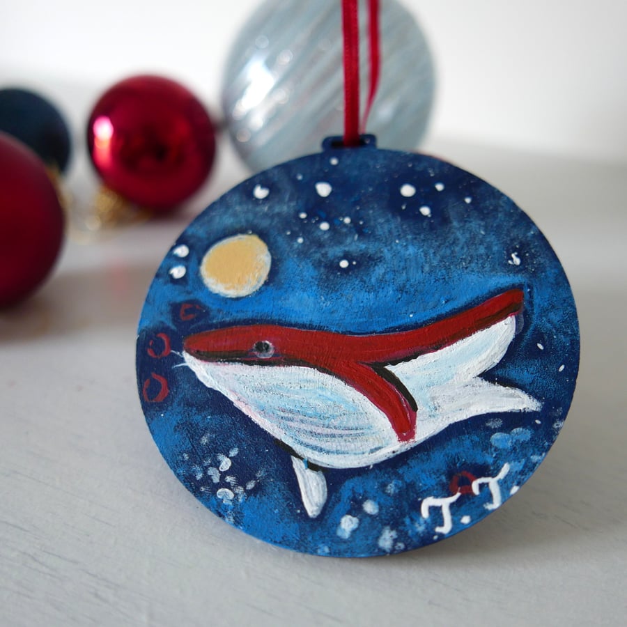 Nautical Style Hanging Decoration, Blue Christmas Bauble, Whale Illustration