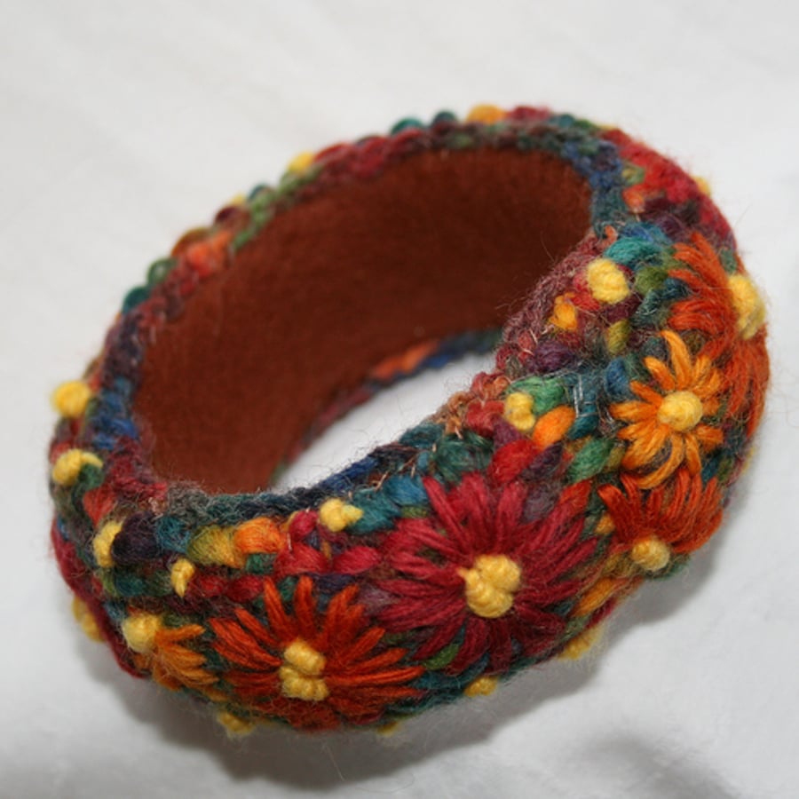 Embroidered Bangle - Orange Daisies