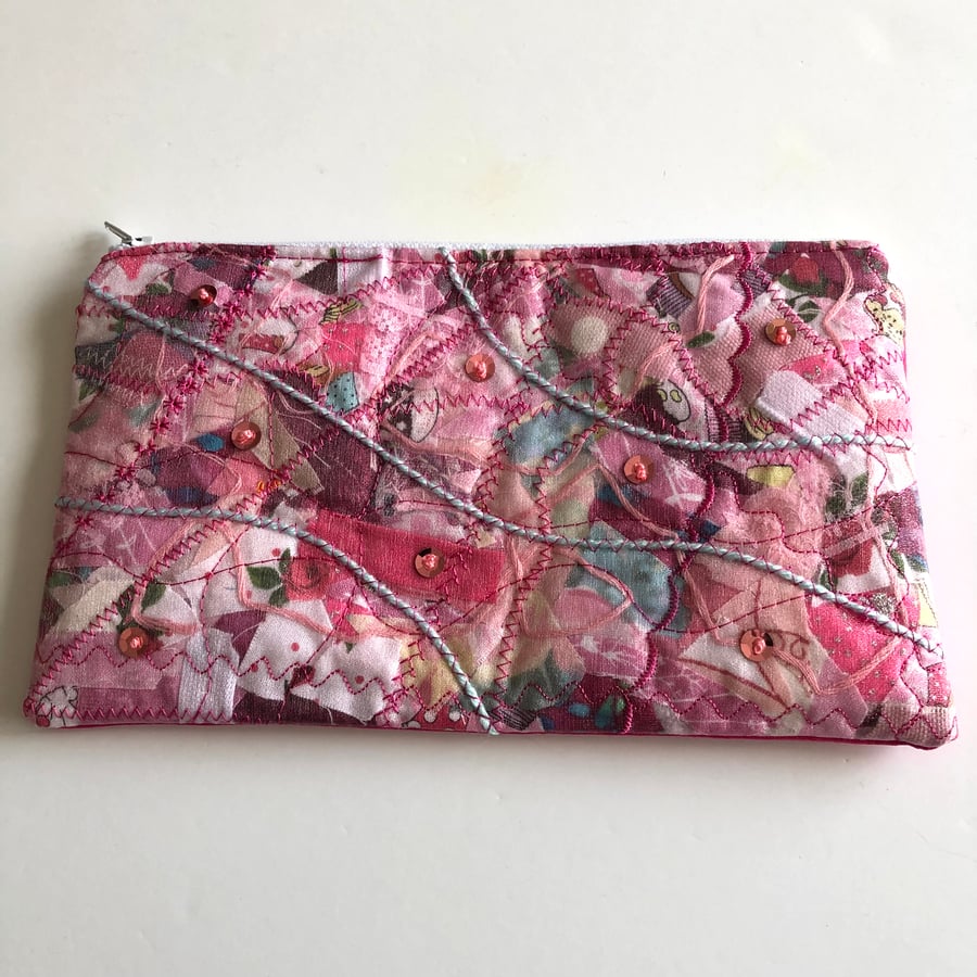 Pink Recycled Scrap Fabric Zipped Pouch.