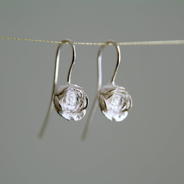 Rose Earrings, Silver Rosebud Earrings