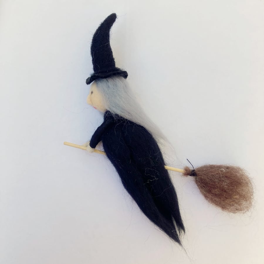 Witch on a broomstick, needle felted hanging ha... Folksy