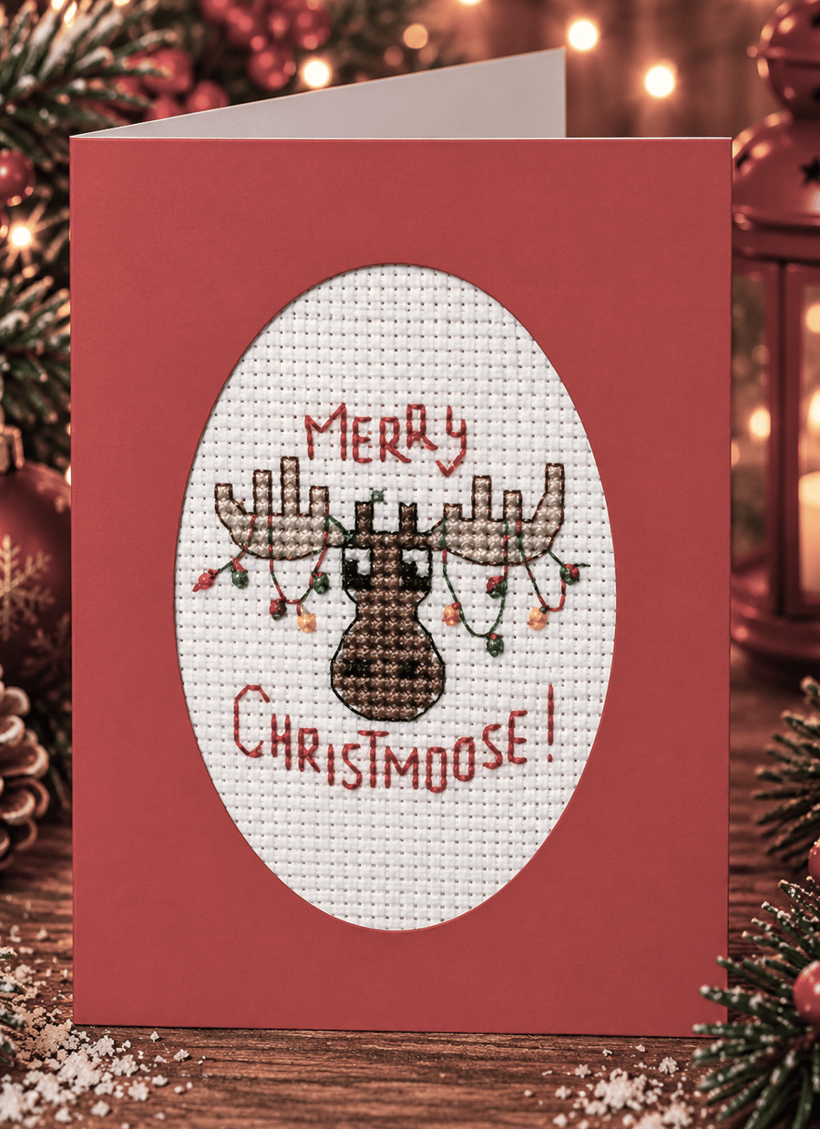 Merry Christmoose Handmade Cross Stitch Christmas Card – Funny Moose Design