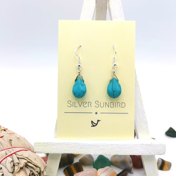 Turquoise Teardrop Gemstone Earrings. Made with Sterling Silver Earring Hooks