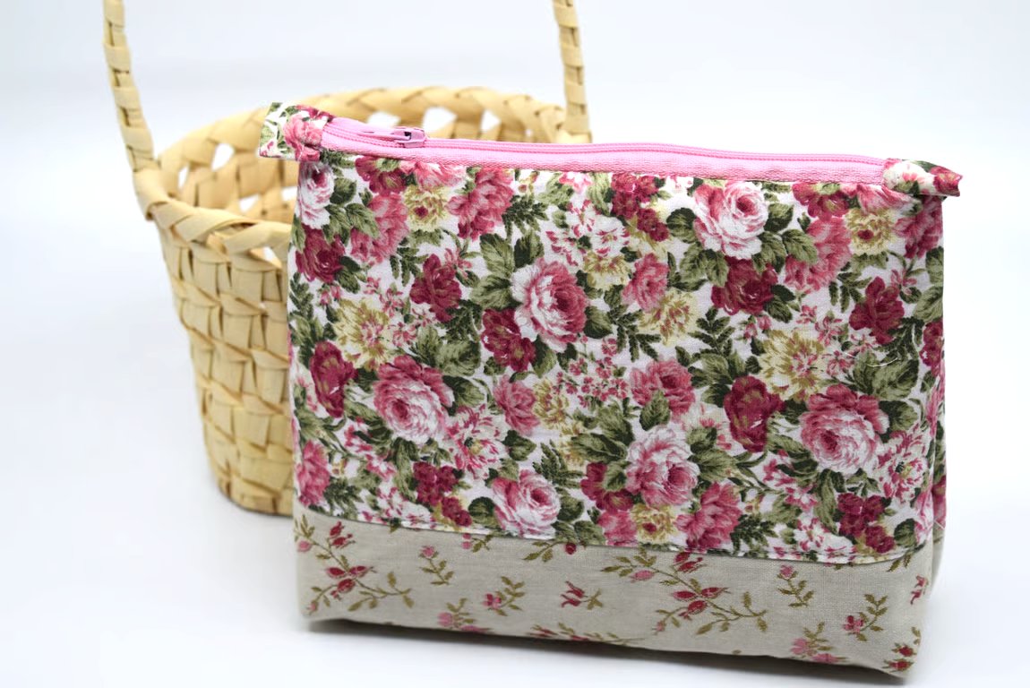 Feminine chintz storage pouch or bag, carefully crafted from quality fabrics.