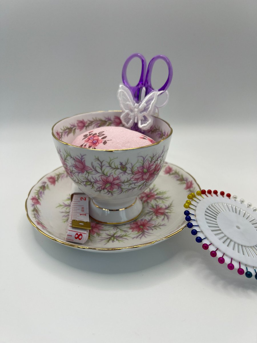 Vintage Roses Teacup Pin Cushion and Sewing Set 