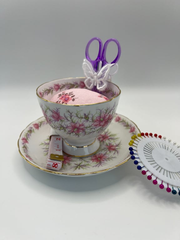 Vintage Roses Teacup Pin Cushion and Sewing Set 