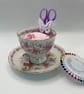 Vintage Roses Teacup Pin Cushion and Sewing Set 