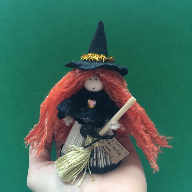 Witch Fairy Doll Decoration - Folded Book Art - Orange - Witch Core Decor