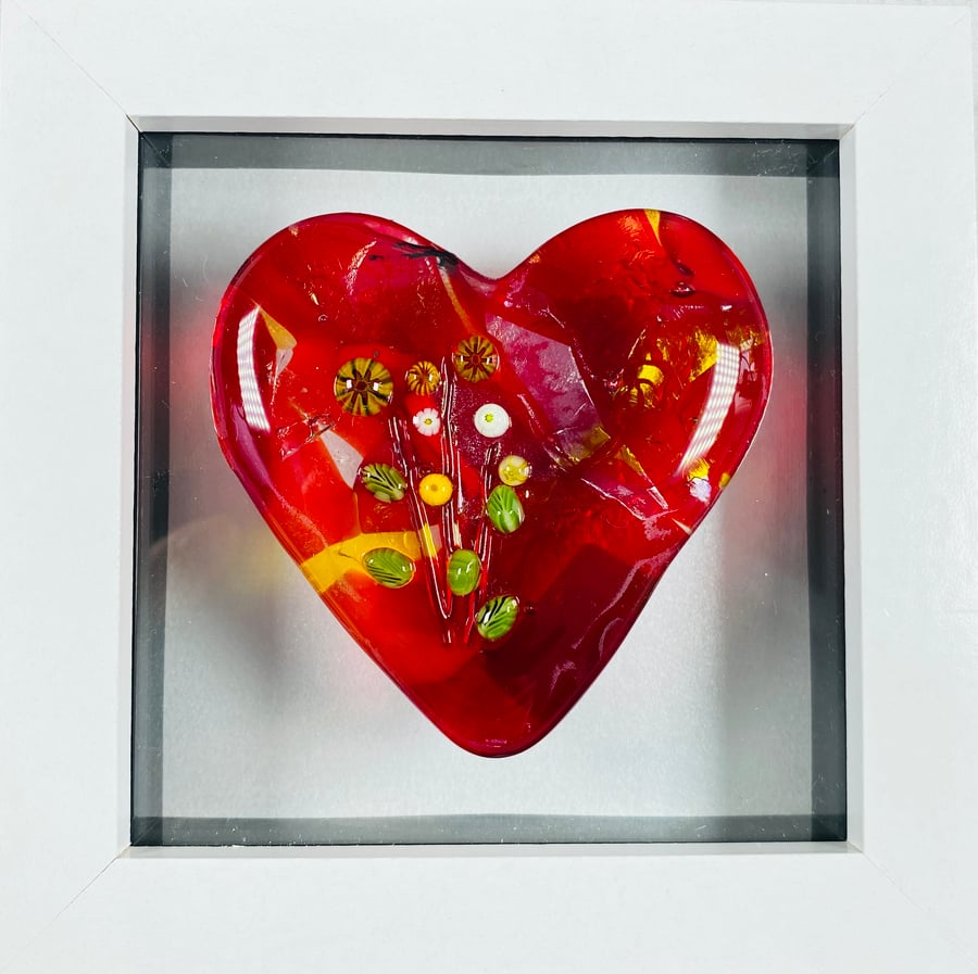 Stunning red heart with murrine flowers in a box frame 