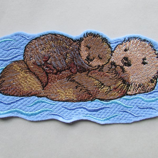 Mother & baby Otter Embroidered Sew on Applique Patch