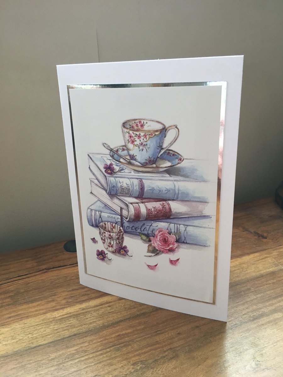 Any Occasion Card - Books & Tea - Blank Inside - Birthday - Get Well
