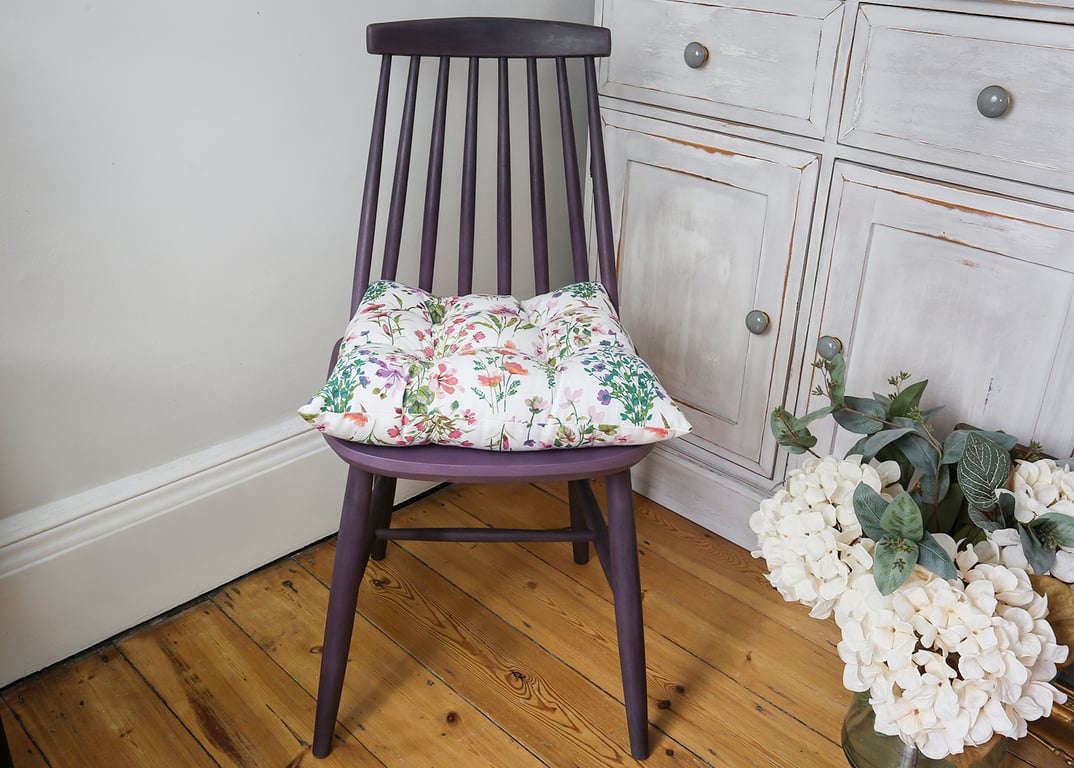 Wooden Chair Hand-Painted with Distressed Finish & Floral Cushion