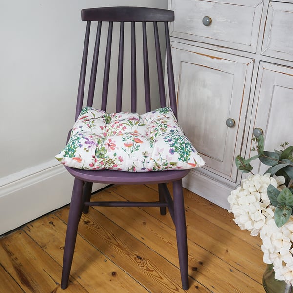 Wooden Chair Hand-Painted with Distressed Finish & Floral Cushion