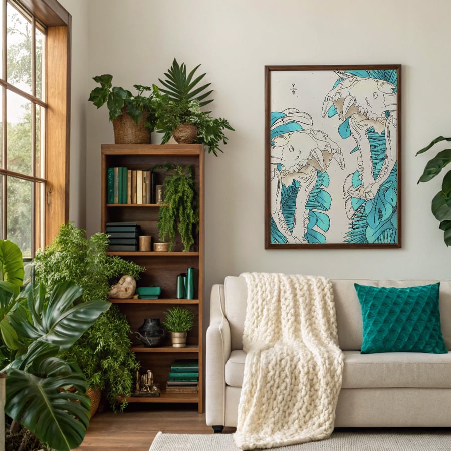 Lion Skull Art Print, Teal Tropical Gothic Jungle Decor