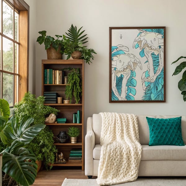 Lion Skull Art Print, Teal Tropical Gothic Jungle Decor