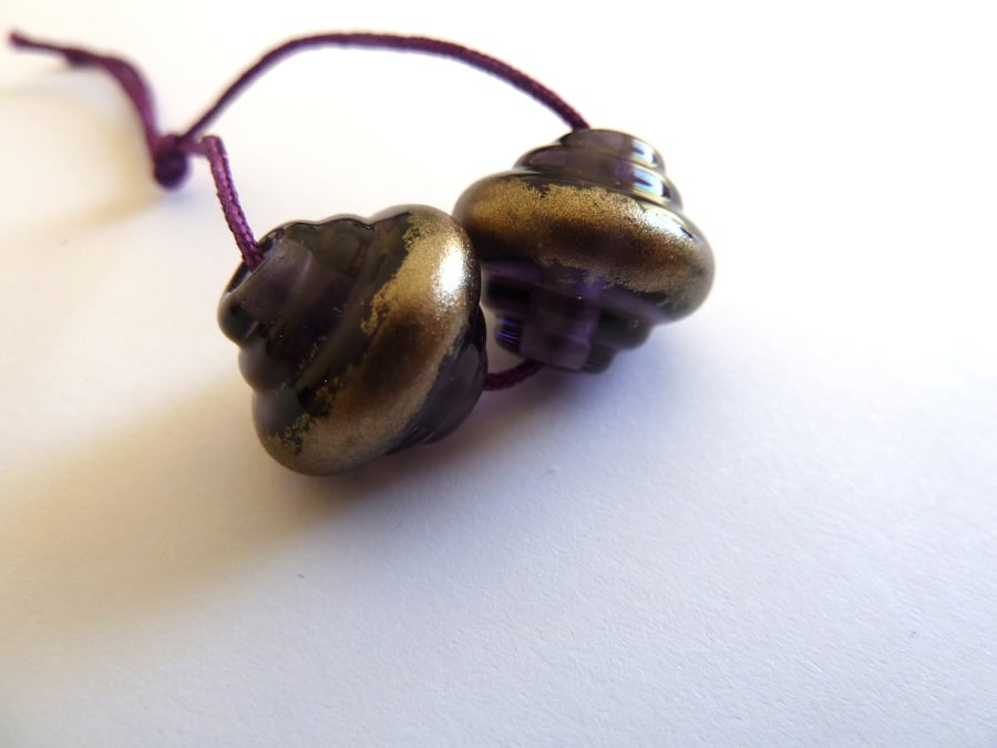 purple ornate pair lampwork glass beads