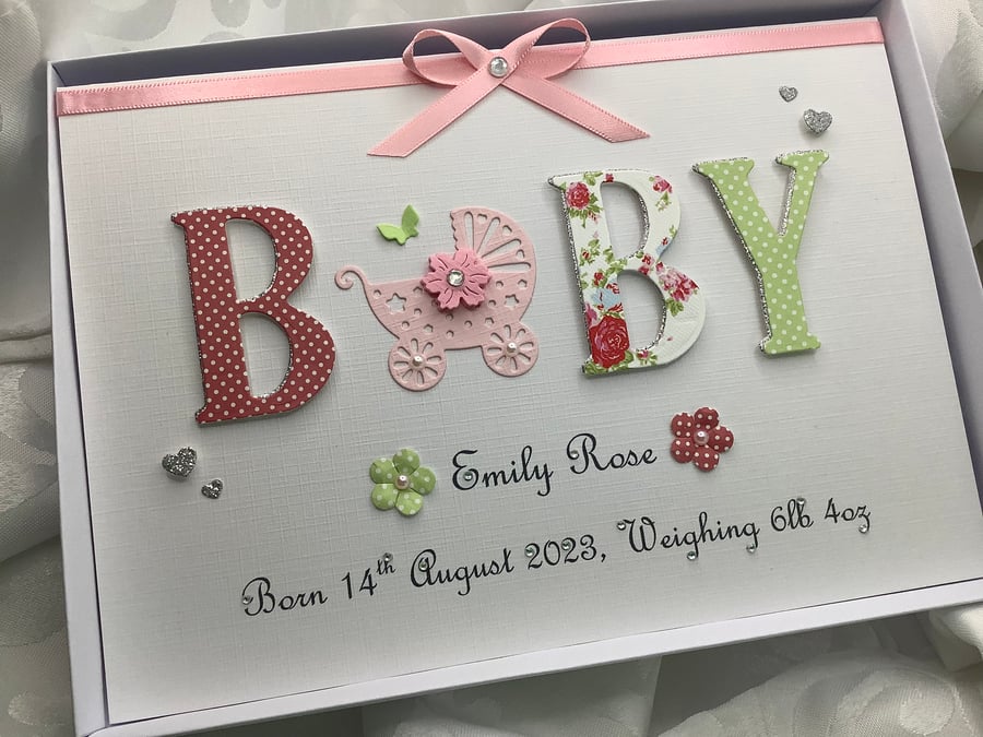 Personalised Handmade New Baby Girl Card With Keepsake Gift Box